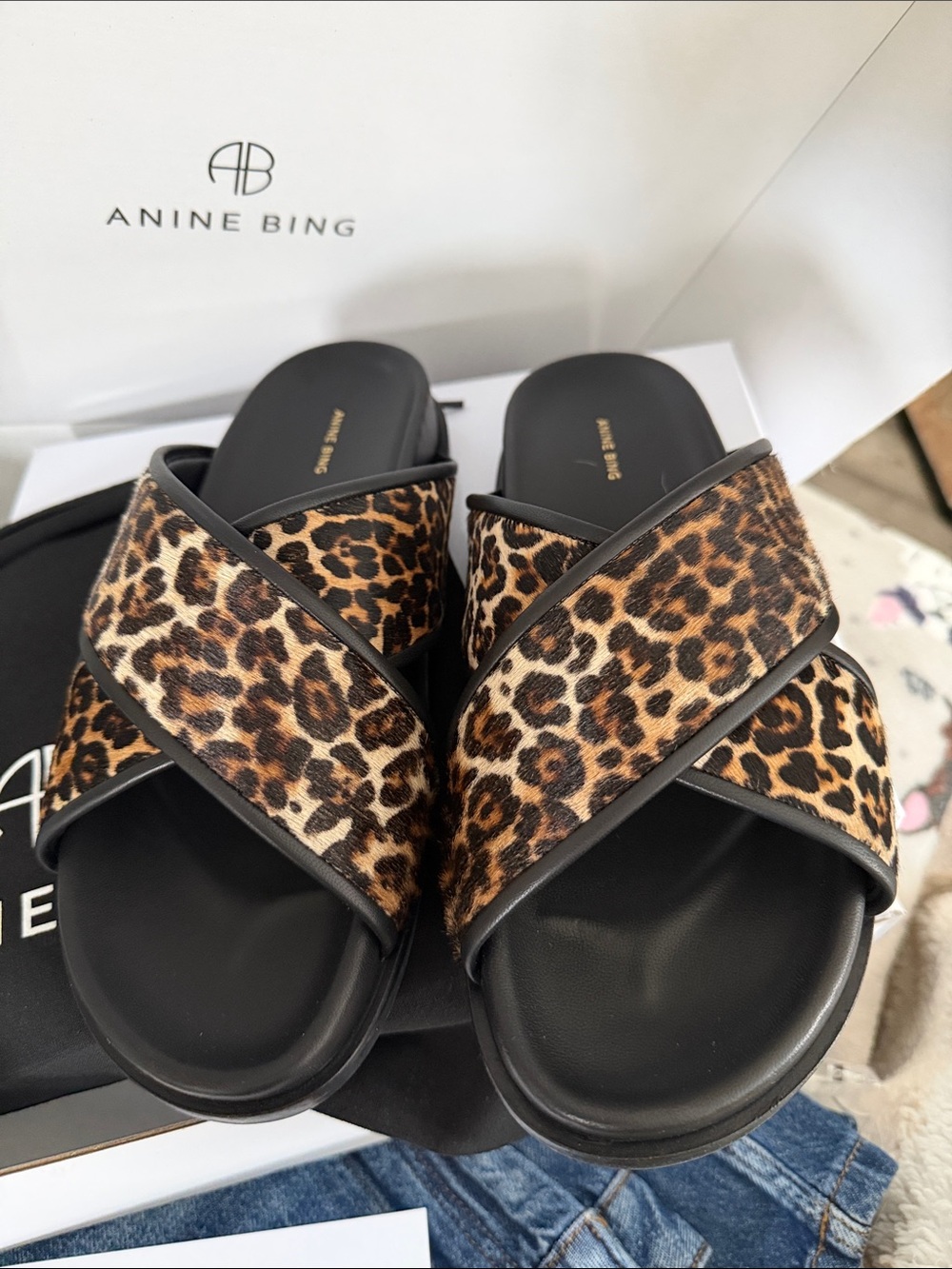 Anine Bing Leopard Print Cross-Strap Slides - Black & Brown